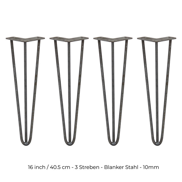 Vier robuste Hairpin Tischbeine aus Rohstahl, 40,5 cm hoch, mit drei Streben, elegant geschwungen und ideal für moderne Möbelgestaltungen