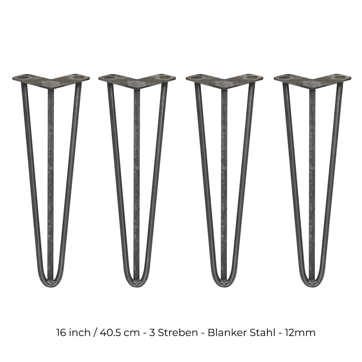Vier 40,5 cm hohe Hairpin Tischbeine aus rohem Stahl mit drei Streben, elegant und stabil, ideal für DIY-Möbelprojekte