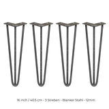 Vier 40,5 cm hohe Hairpin Tischbeine aus rohem Stahl mit drei Streben, elegant und stabil, ideal für DIY-Möbelprojekte