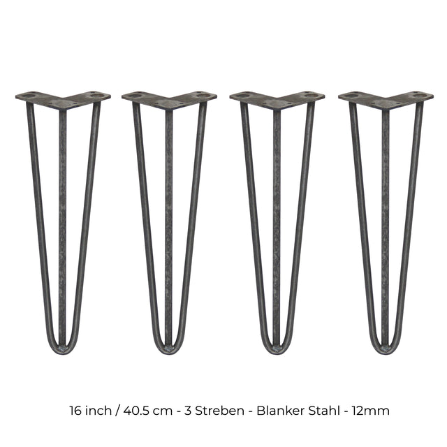 Vier 40,5 cm hohe Hairpin Tischbeine aus rohem Stahl mit drei Streben, elegant und stabil, ideal für DIY-Möbelprojekte