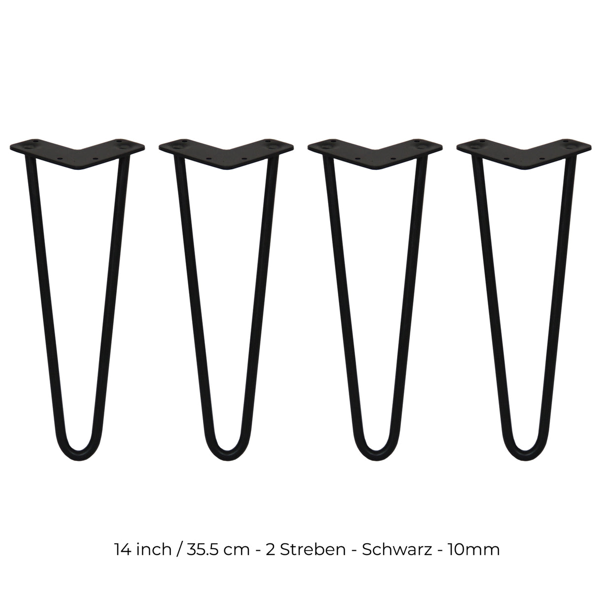 Schwarze Hairpin Tischbeine aus Metall, 35,5 cm lang, mit zwei Streben und 10 mm Durchmesser, ideal für moderne Möbelprojekte