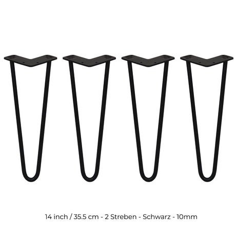 Schwarze Hairpin Tischbeine aus Metall, 35,5 cm lang, mit zwei Streben und 10 mm Durchmesser, ideal für moderne Möbelprojekte