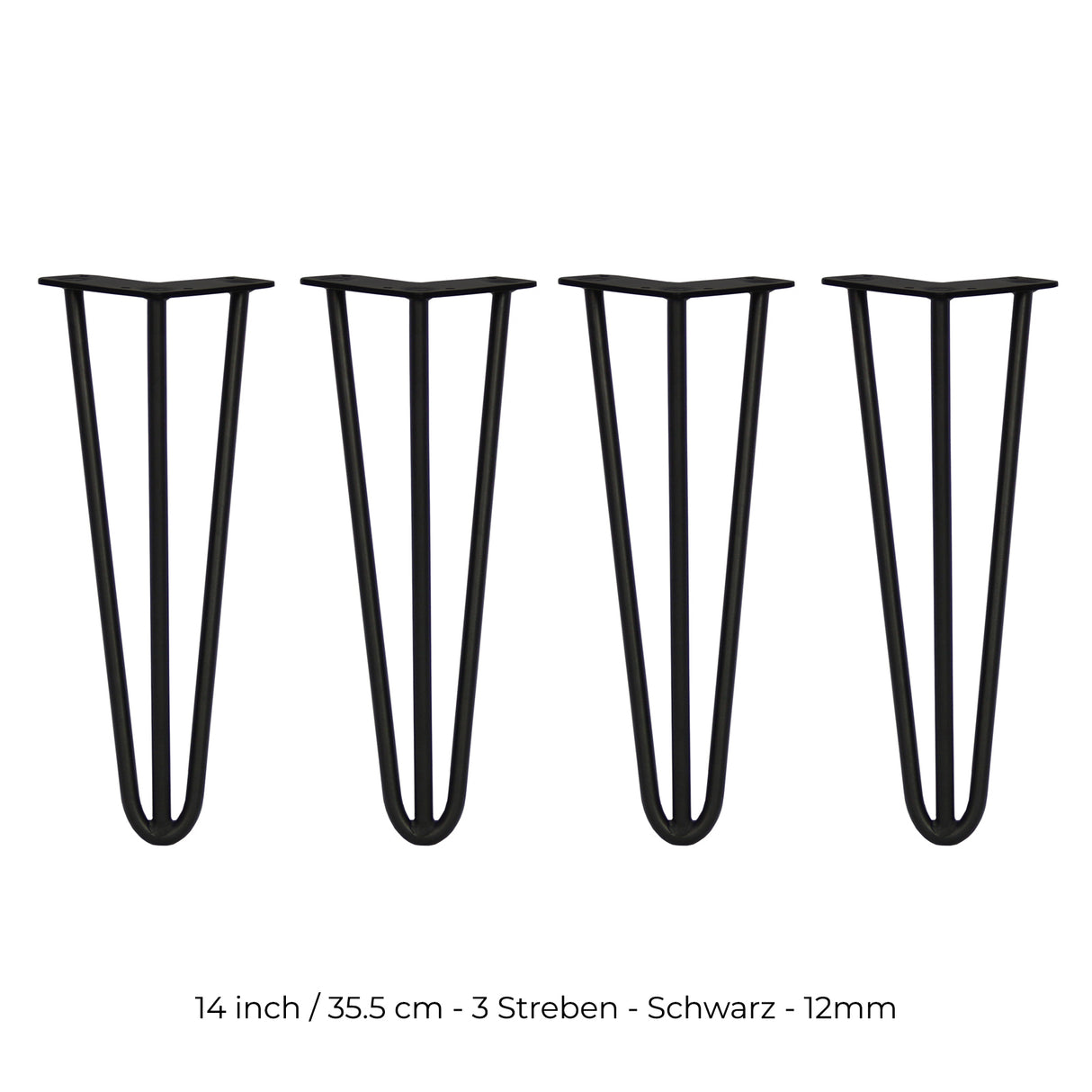 Schwarze Hairpin Tischbeine aus Metall, 35,5 cm hoch, mit drei Streben und 12 mm Durchmesser, ideal für moderne Möbelgestaltungen