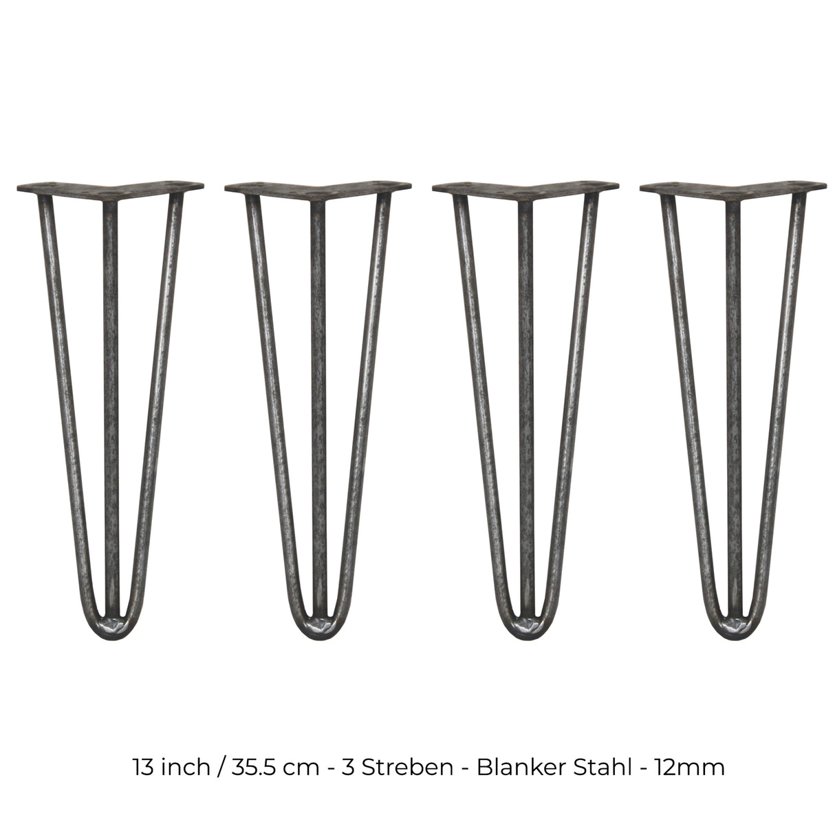 Vier 35,5 cm hohe Hairpin Tischbeine aus rohem Stahl mit drei Streben, schlank und modern, ideal für individuelle Möbelprojekte