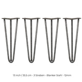 Vier 35,5 cm hohe Hairpin Tischbeine aus rohem Stahl mit drei Streben, schlank und modern, ideal für individuelle Möbelprojekte