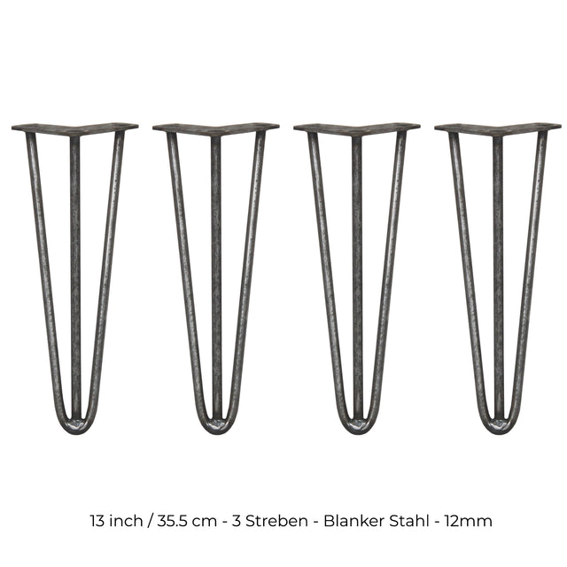 Vier 35,5 cm hohe Hairpin Tischbeine aus rohem Stahl mit drei Streben, schlank und modern, ideal für individuelle Möbelprojekte