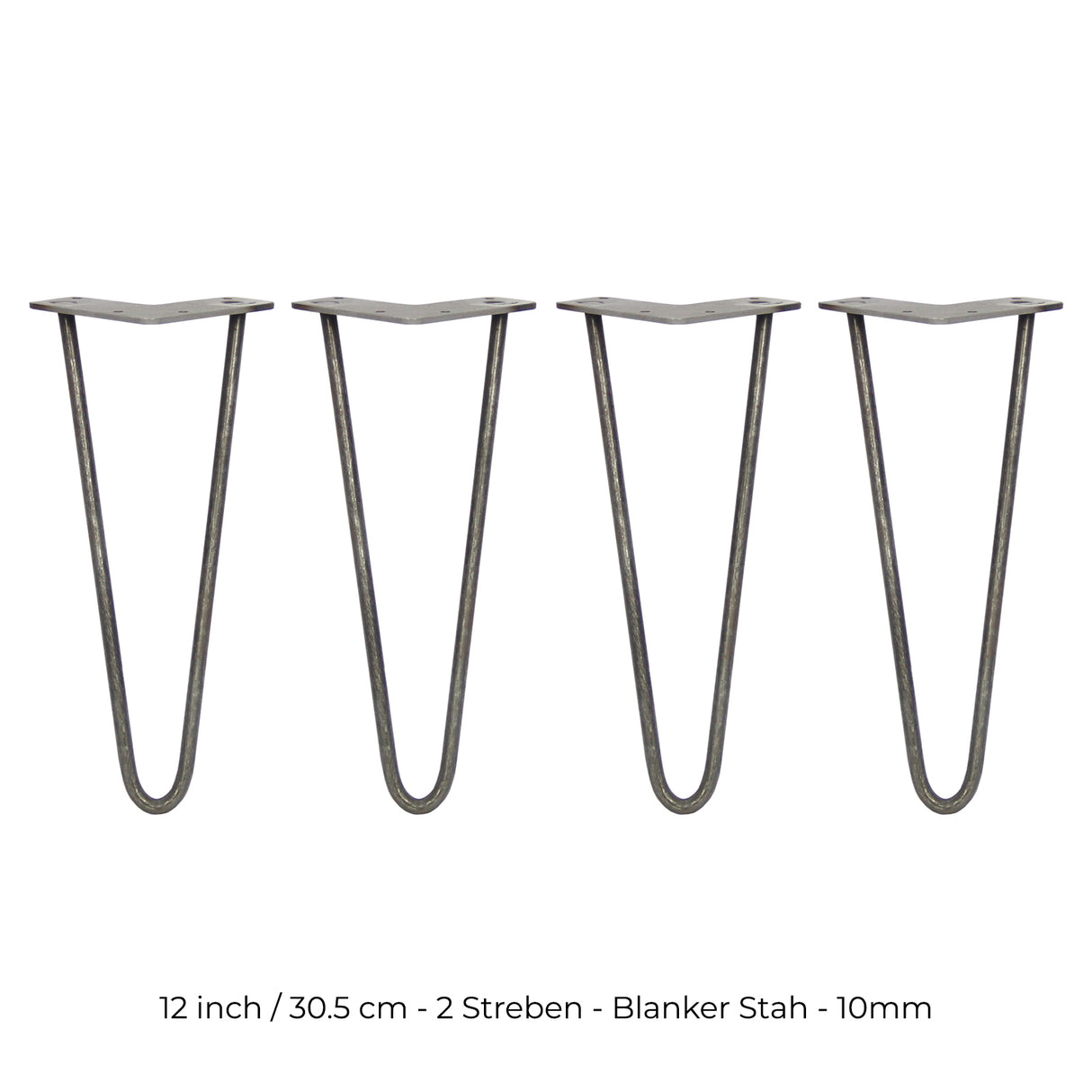 Vier 30,5 cm hohe Hairpin Tischbeine aus rohem Stahl mit zwei Streben, schlankes Design, robust und modern, ideal für individuelle Möbelprojekte