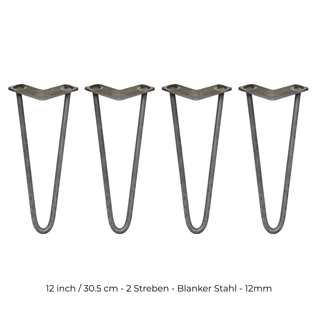 Vier 30,5 cm lange Hairpin Tischbeine aus blankem Stahl mit zwei Streben, geschwungene Form und robustem, industriellem Design