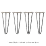 4 x 30.5cm Hairpin Tischbeine 3 Streben - 12mm - Rohstahl