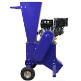 Blauer T-Mech 15PS Holzhäcksler mit robustem Motor, großen Rädern und einem hohen Einfülltrichter für effizientes Zerkleinern von Holz