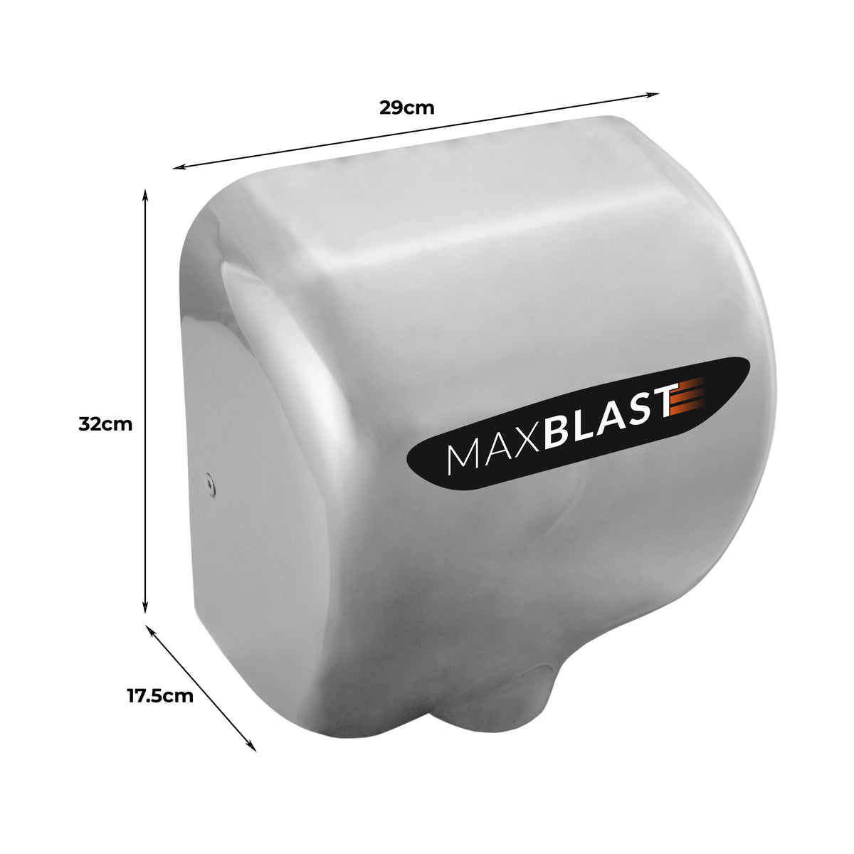 Eleganter, silberner MAXBLAST Händetrockner mit glatter Oberfläche, kompakten Maßen von 29 cm x 32 cm x 17,5 cm, ideal für Gastronomie
