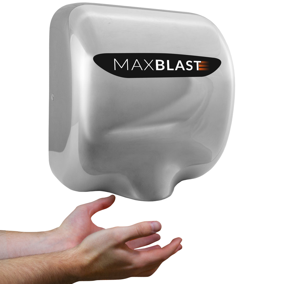 Hochglänzender, silberner MAXBLAST Händetrockner mit modernem Design, ideal für Gastronomie und öffentliche Einrichtungen, Hände darunter