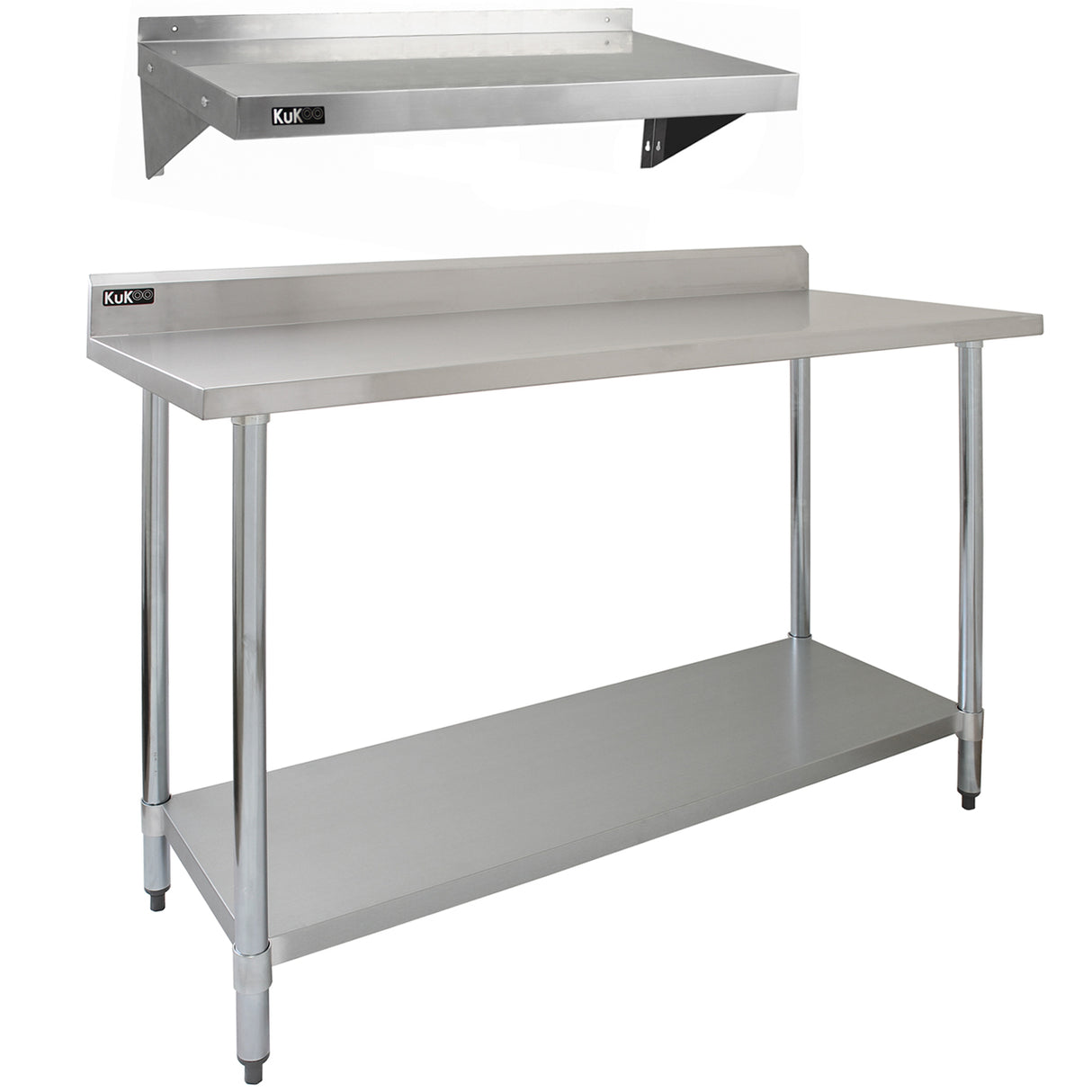 Edelstahl-Catering-Bench mit 5 Fuß Länge, glänzender Oberfläche, stabilen Beinen und zwei wandmontierten Regalen für zusätzlichen Stauraum