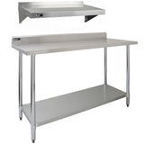 Edelstahl-Catering-Bench mit 5 Fuß Länge, glänzender Oberfläche, stabilen Beinen und zwei wandmontierten Regalen für zusätzlichen Stauraum