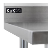Edelstahl-Catering-Bank mit glatter Oberfläche, robusten Beinen und KuKoo-Logo, ideal für professionelle Küchen und Catering-Umgebungen