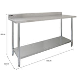 Edelstahl-Catering-Bank mit einer Höhe von 90 cm, einer Breite von 150 cm und einer unteren Ablage, ideal für professionelle Küchen und Catering-Events