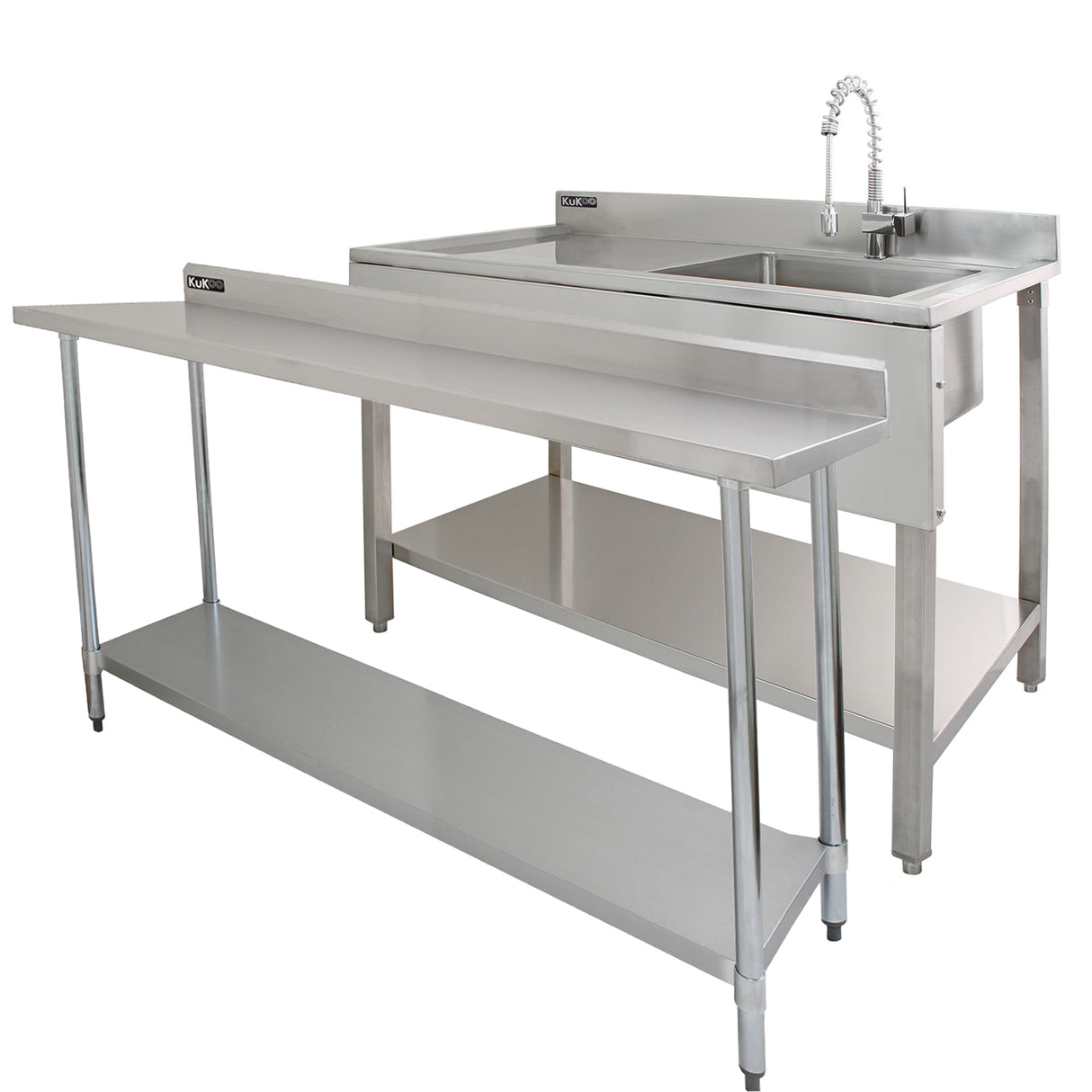 Edelstahl-Cateringtheke mit 1,8 m Länge, integriertem Waschbecken und zwei stabilen Wandregalen, ideal für professionelle Küchen und Buffets