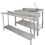 Edelstahl-Cateringtheke mit 1,8 m Länge, integriertem Waschbecken und zwei stabilen Wandregalen, ideal für professionelle Küchen und Buffets
