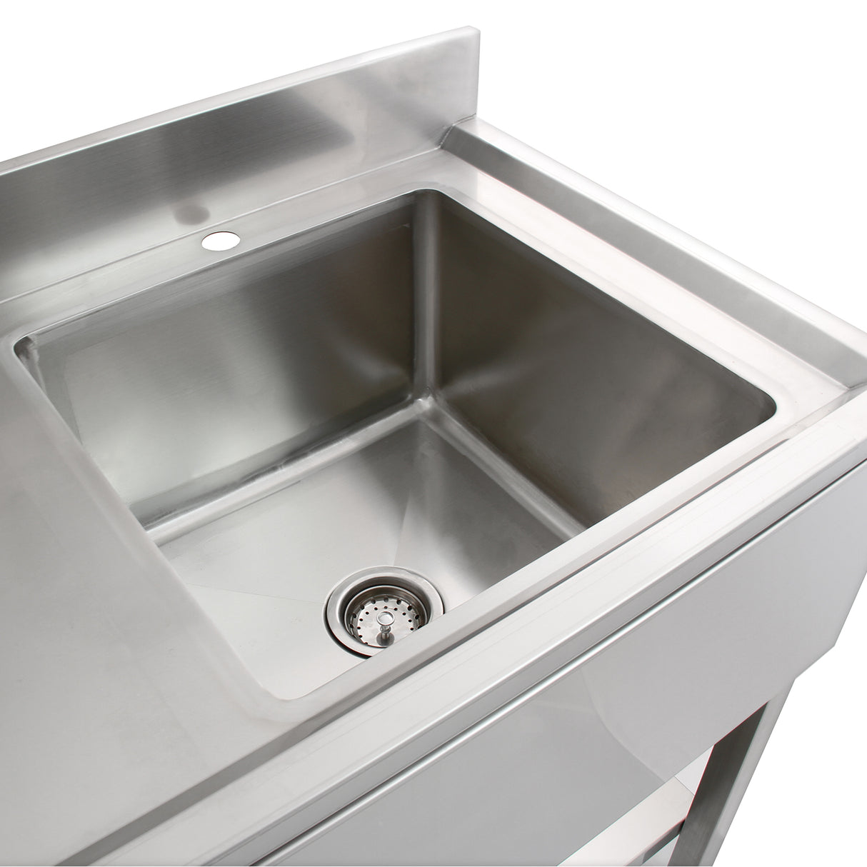 Edelstahl-Cateringtheke mit 1,8 m Länge, glänzender Oberfläche, rechteckigem Waschbecken und integriertem Abfluss, ideal für professionelle Küchen