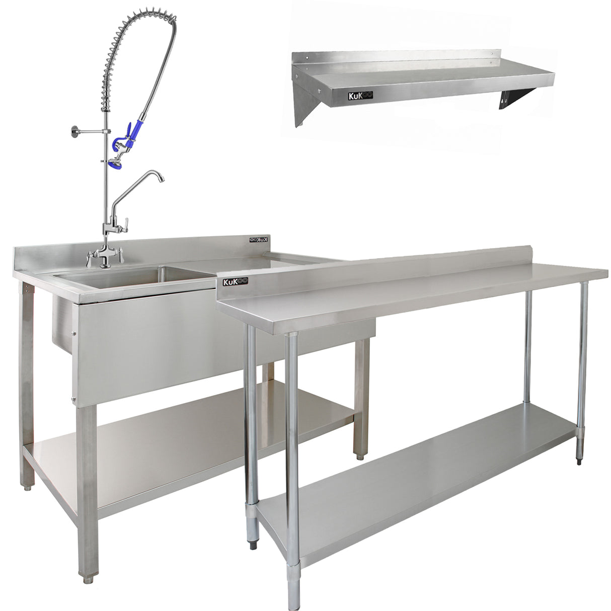 Gewerbespüle aus Edelstahl mit Vorspülhahn, 1,8 m lang, ergänzt durch zwei Wandregale, ideal für Gastronomieküchen, robust und funktional