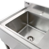 Edelstahl-Gewerbespüle mit Vorspülhahn, 1,8 m lang, glänzende Oberfläche, rechteckige Form, ideal für Gastronomiebetriebe, inklusive zwei Wandregalen