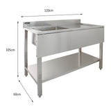 Gewerbespüle aus Edelstahl mit Vorspülhahn, 1,8 m lang, zwei Wandregale, glänzende Oberfläche, robuste Struktur, ideal für Gastronomie und Küchen
