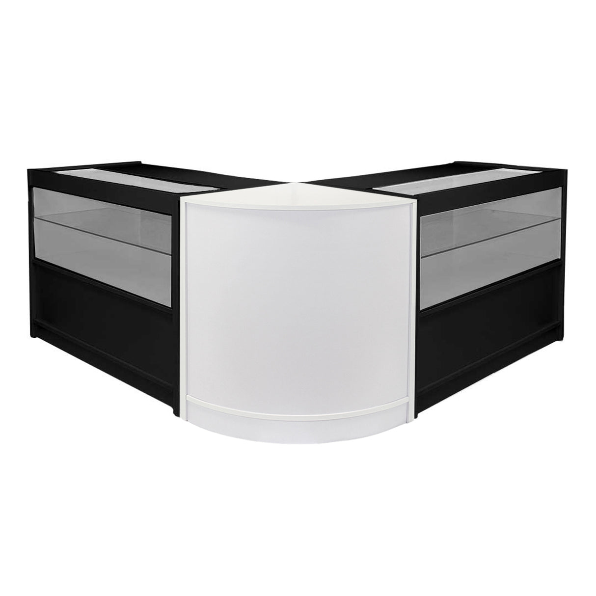 Schwarz-weiße Ladentheke mit eleganter, geschwungener Form, transparenten Glasflächen und modernem Design, ideal für Verkaufsräume