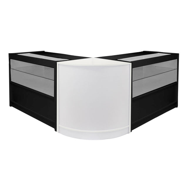Schwarz-weiße Ladentheke mit eleganter, geschwungener Form, transparenten Glasflächen und modernem Design, ideal für Verkaufsräume