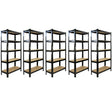 Schwarze T-RAX Metallregale mit fünf Regalböden, robustes Design, ideal für Lagerung und Organisation, Maße 75 cm x 150 cm x 30 cm
