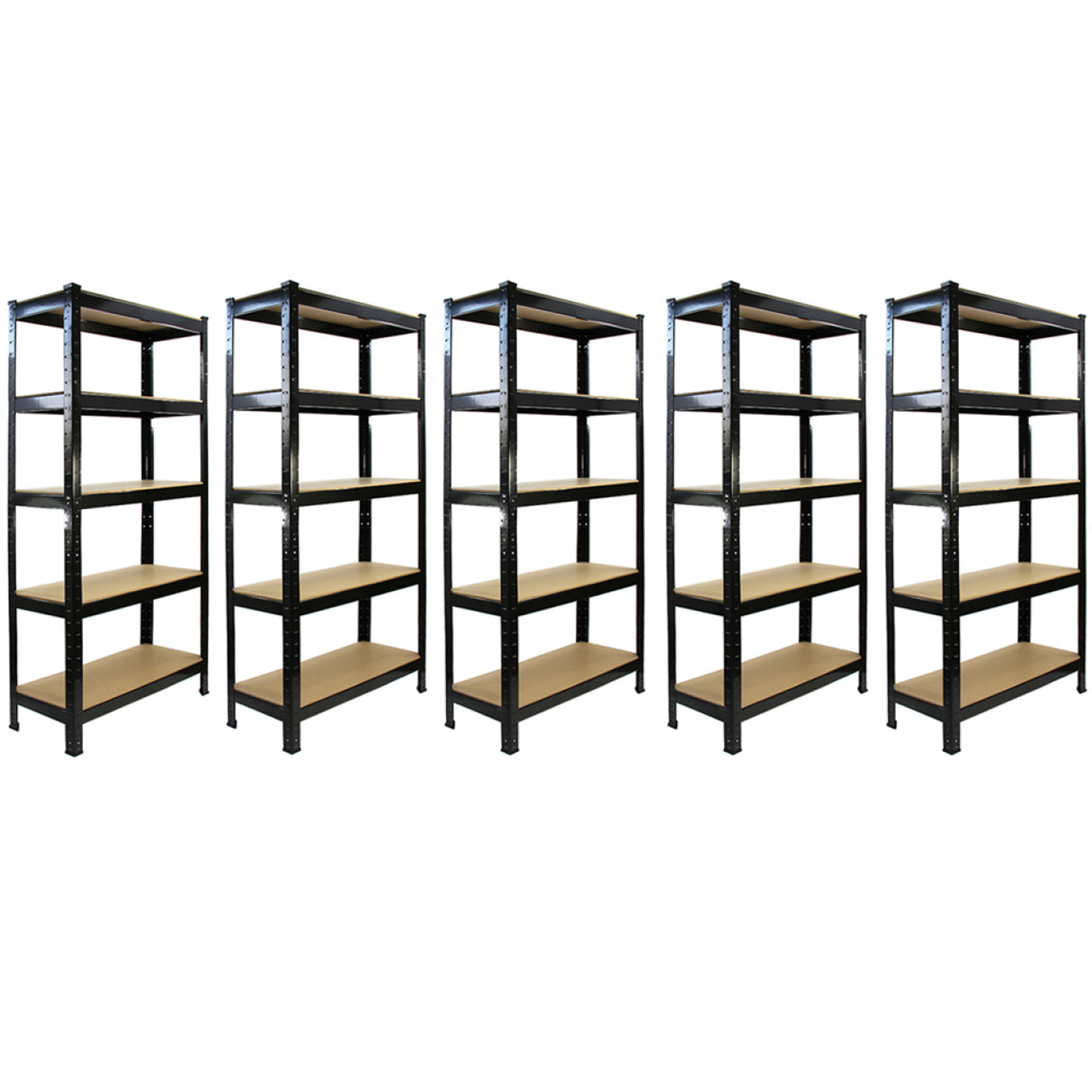 Schwarze T-RAX Metallregale mit fünf Regalböden, robustes Design, ideal für Lagerung und Organisation, Maße 75 cm x 150 cm x 30 cm