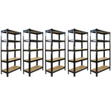 Schwarze T-RAX Metallregale mit fünf Regalböden, robustes Design, ideal für Lagerung und Organisation, Maße 75 cm x 150 cm x 30 cm
