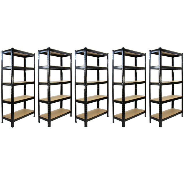 Schwarze T-RAX Metallregale mit fünf Regalböden, robustes Design, ideal für Lagerung und Organisation, Maße 75 cm x 150 cm x 30 cm
