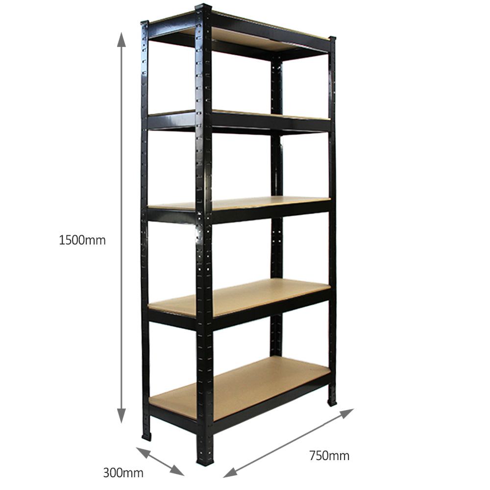 Schwarzes Metallregal mit fünf Regalböden, 75 cm breit, 150 cm hoch und 30 cm tief, ideal für Lagerung und Organisation in jedem Raum