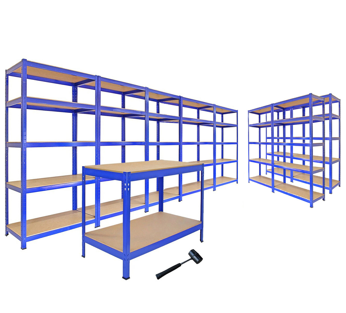 Fünfstöckiges, schraubenloses Garagenregal in Blau mit stabilen, braunen Regalböden, ideal für Heimwerker und zur optimalen Lagerung von Werkzeugen und Materialien