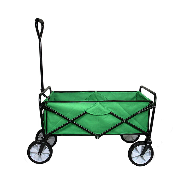Faltbarer Gartenwagen in leuchtendem Grün mit robustem schwarzem Gestell, großen Rädern und praktischem Griff für einfachen Transport
