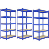 Blaue Metallregaleinheiten mit drei Regalen à 120 cm und zwei Regalen à 90 cm, stabil und ideal für Lagerung, mit robusten Holzregalböden