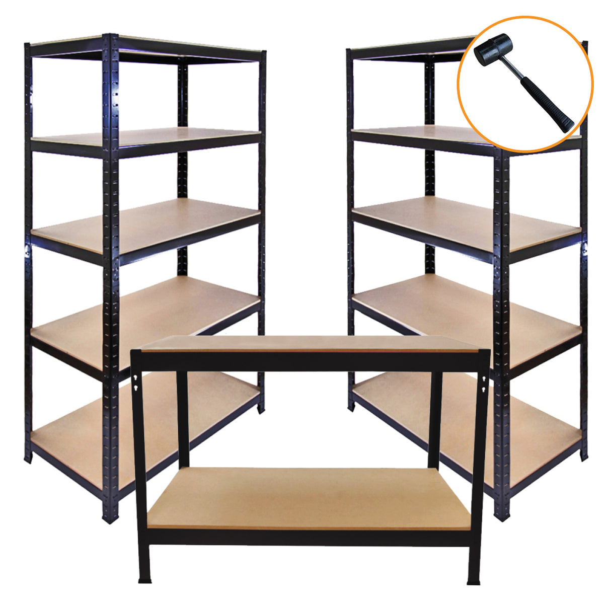 Schwarzes Metall-Regalsystem mit drei 90 cm hohen Regalen und einer stabilen Werkbank, ausgestattet mit robusten Holzregalen und modernem Design