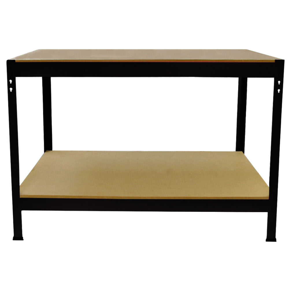 Schwarzes Metallregalsystem mit zwei stabilen Ablagen aus Holz, ideal für Werkstätten oder als vielseitige Werkbank, 90 cm breit