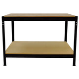 Schwarzes Metallregalsystem mit zwei stabilen Ablagen aus Holz, ideal für Werkstätten oder als vielseitige Werkbank, 90 cm breit