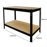 Schwarzes Metallregalsystem mit zwei stabilen Ablagen aus MDF, ideal für Werkstätten, 120 cm lang, 60 cm breit und 90 cm hoch