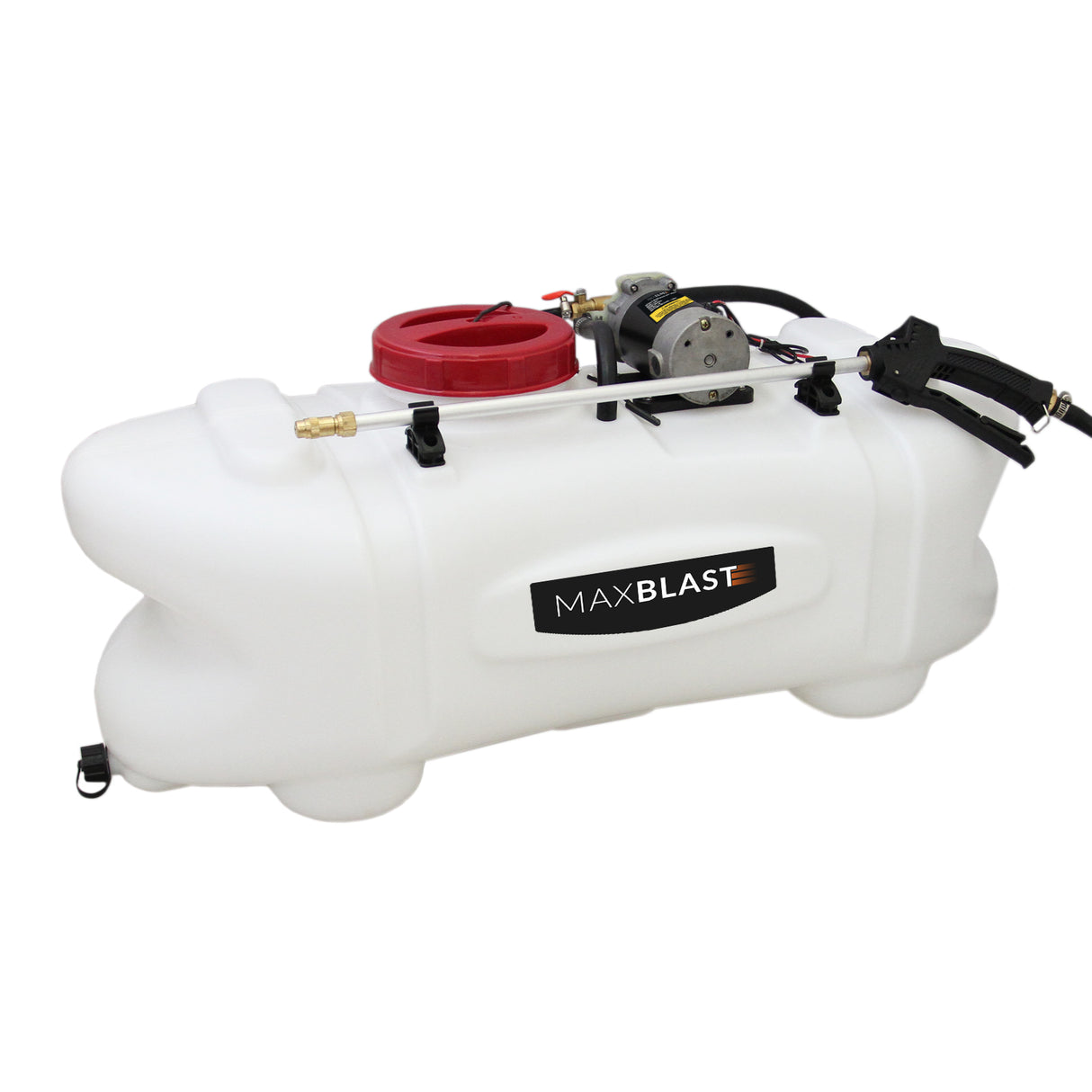 Weißer 60-Liter-Sprühgerät mit rotem Deckel, ausgestattet mit einer Pumpe und Schläuchen, ideal für den Einsatz mit einem ATV-Kippanhänger