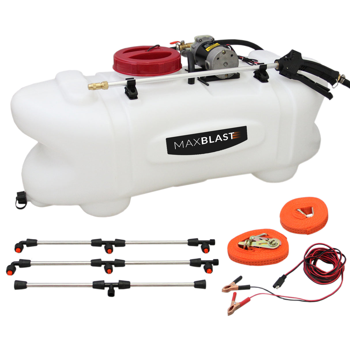 Weißer 60-Liter-Sprühgerät mit rotem Deckel, Pumpe, Spritzdüsen und Zubehör, ideal für Offroad-ATV-Anhänger und vielseitige Anwendungen