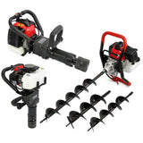 T-Mech Erdbohrer und 2-Takt-Pfahlramme in Schwarz und Rot, mit verschiedenen Bohrern in unterschiedlichen Größen, robustes Design und ergonomischer Griff