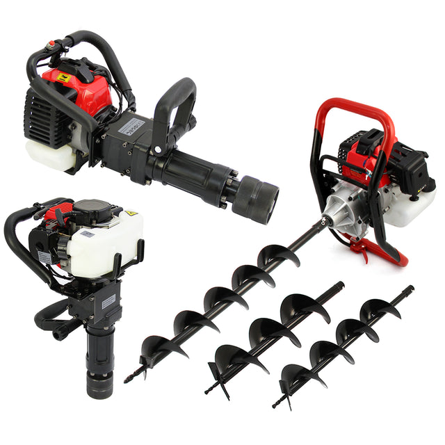 T-Mech Erdbohrer und 2-Takt-Pfahlramme in Schwarz und Rot, mit verschiedenen Bohrern in unterschiedlichen Größen, robustes Design und ergonomischer Griff