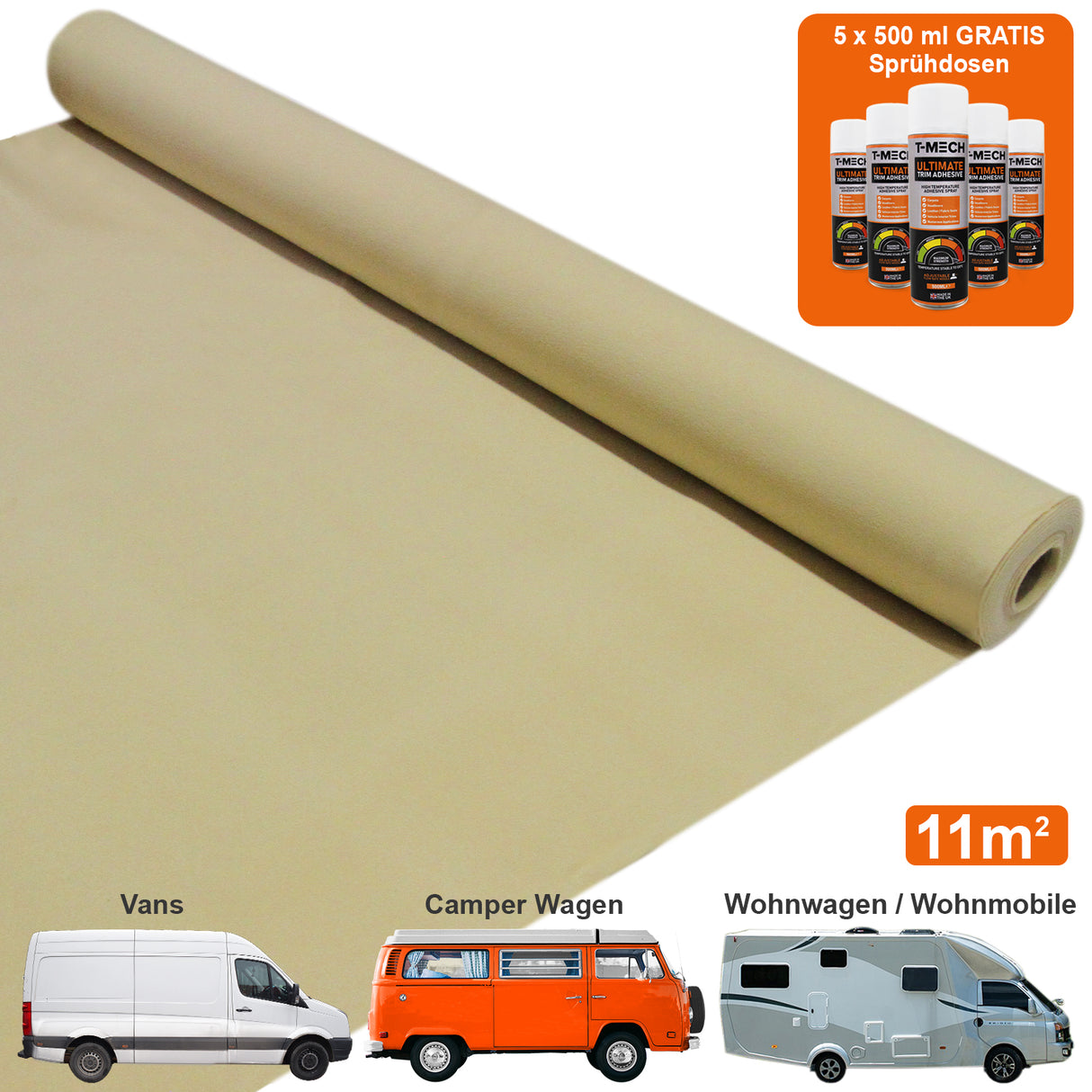 Transporter-Teppichauskleidung in hellem Weizenton, 11 m², zusammen mit fünf Klebstoffdosen in verschiedenen Farben für Vans, Camper und Wohnmobile