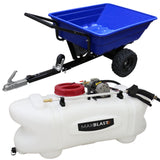 Robuster Offroad-ATV-Anhänger in Blau mit großen Reifen und 100-Liter-Sprühgerät aus weißem Kunststoff, ideal für landwirtschaftliche Anwendungen