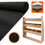 Schwarze Van-Verkleidung aus 11qm hochwertigem Material, zusammen mit einem Holzregal mit mehreren Fächern für VW Caddy Zubehör und Pflegeprodukte