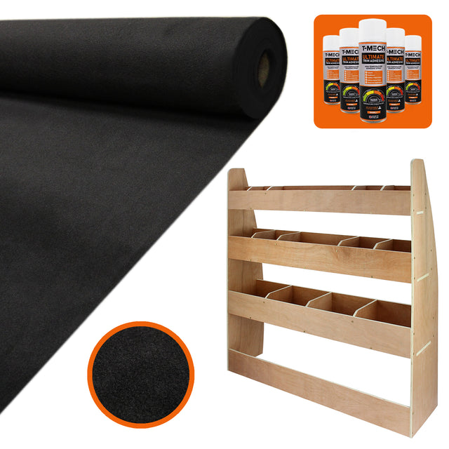Schwarze Van-Verkleidung aus 11qm hochwertigem Material, zusammen mit einem Holzregal mit mehreren Fächern für VW Caddy Zubehör und Pflegeprodukte