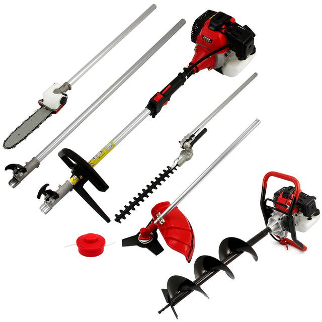 Fünf-in-eins Multifunktionswerkzeug in Rot und Schwarz, bestehend aus einer Kettensäge, Heckenschneider, Rasentrimmer und Erdbohrer mit robusten Metallteilen