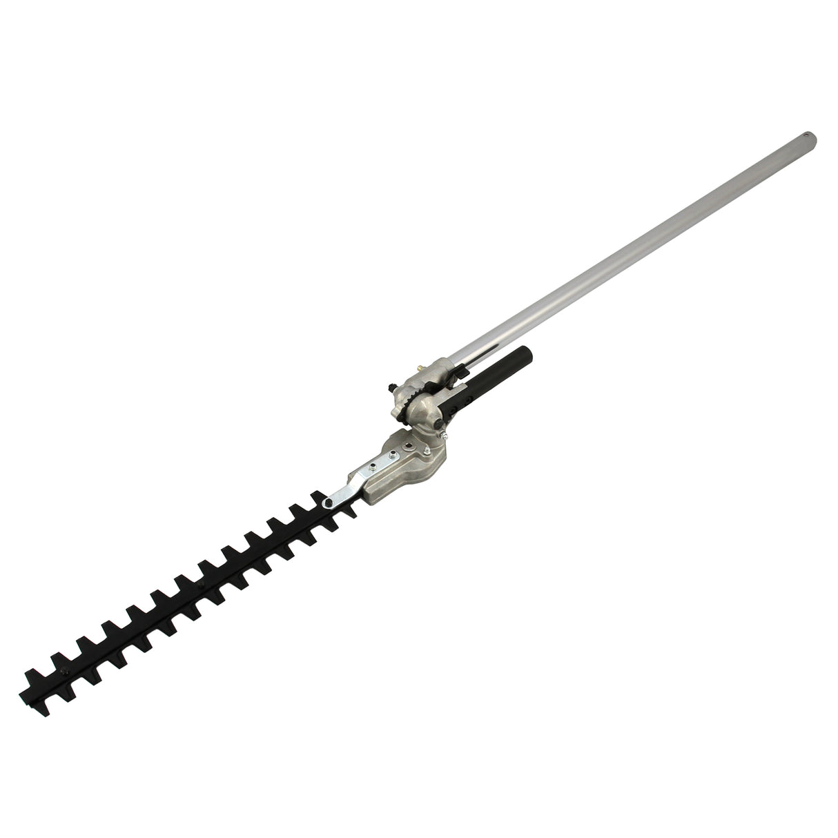 Multifunktionswerkzeug mit silbernem Aluminiumgriff und schwarzer, gezahnter Klinge, ideal für präzises Schneiden und Gartenarbeiten
